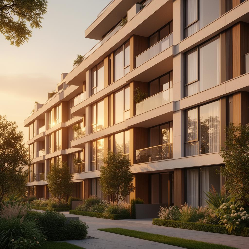 Modern upscale residential apartment building at golden hour